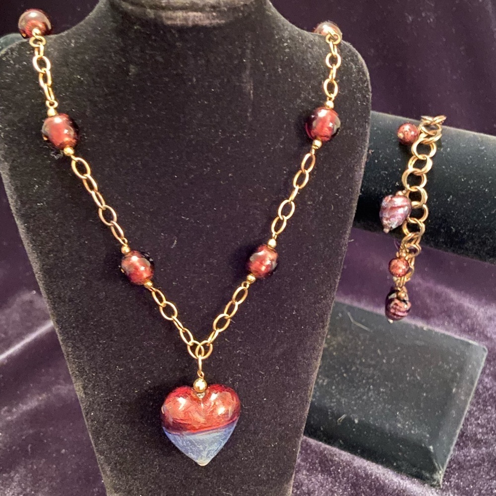 STUNNING 14K GF STERLING SILVER PURPLE ART GLASS HEART Necklace & Bracelet Set